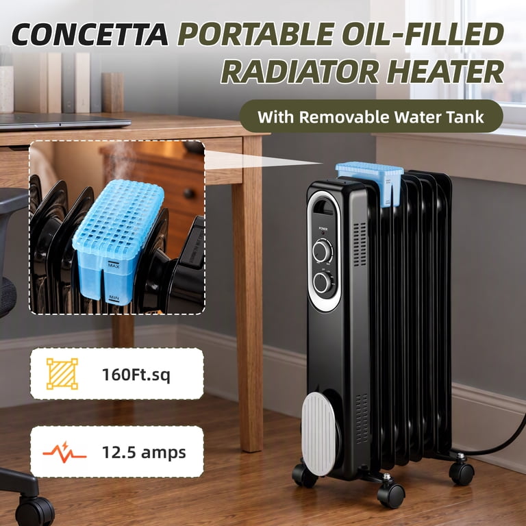 CONCETTA 1500W Oil Filled Radiator Space Heater, Black photo 3