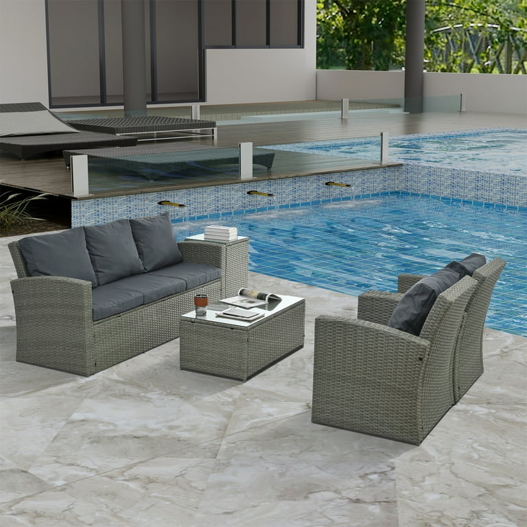 Highsound 5 Pc Outdoor Patio Set with Rattan Wicker Sofa 2 Coffee Tables Gray Cushions Walmart