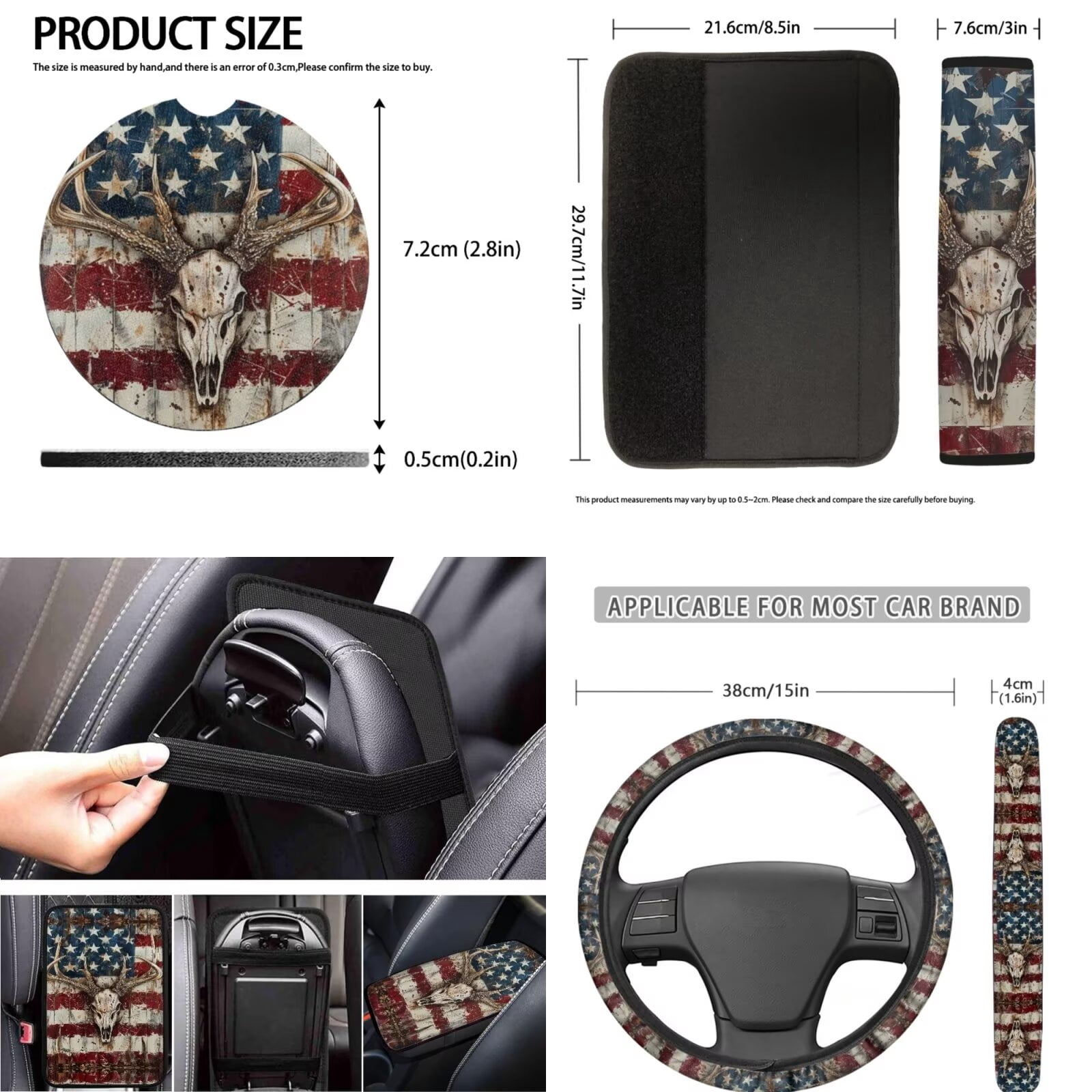 LedBack 12 Piece Deer Printed Car Seat Covers Full Set for Women Men, American Flag Steering Wheel Cover Seatbelt Soft Front Rear Seat Backrest Bottom Universal Fit Cars SUVs Seden
