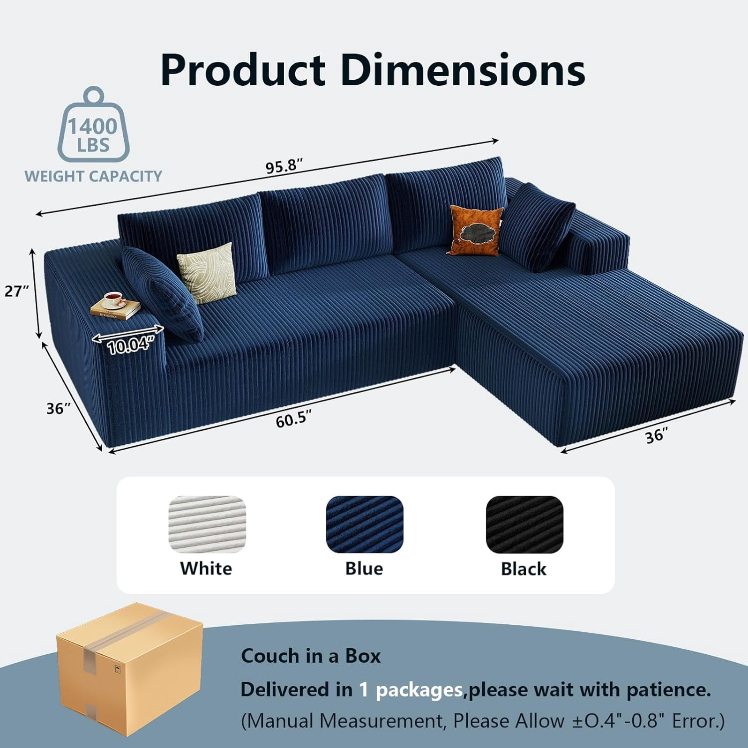Cloud Couch Sectional, 96" L-Shaped Sofa, No Assembly Corduroy Couch with Chaise for Living Room,Blue