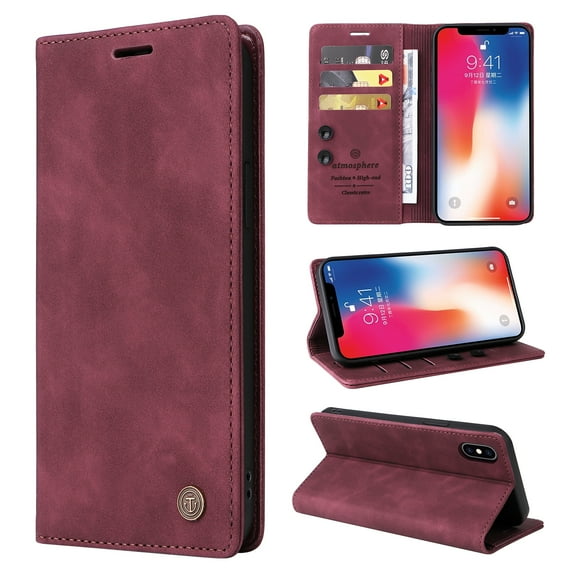 Nalacover Wallet Case for iPhone XS / iPhone X - Flip Purse Case with Card Holder Kickstand Suction Cup, Premium Business PU Leather Shockproof Phone Cover for iPhone XS / iPhone X - Red