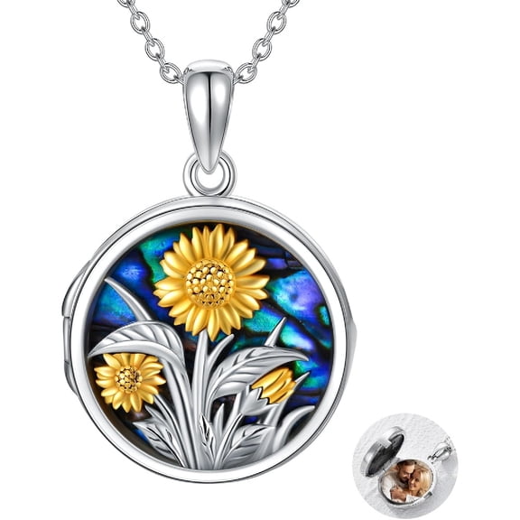 CACA LADY Locket Necklace 925 Sterling Silver with Sunflower Round Abalone Shell You Are My Sunshine Pendant Necklaces Personalized Customizable Jewelry Gifts for Women