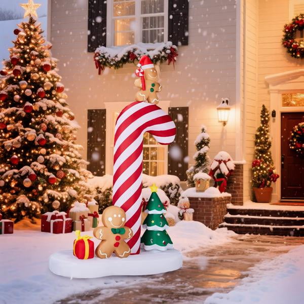 Christmas Inflatable Decoration with 6 LED Lights, Giant Candy Cane & 2 Adorable Gingerbread Men Blow Up Decor for Yard, Garden, Indoor Holiday Display