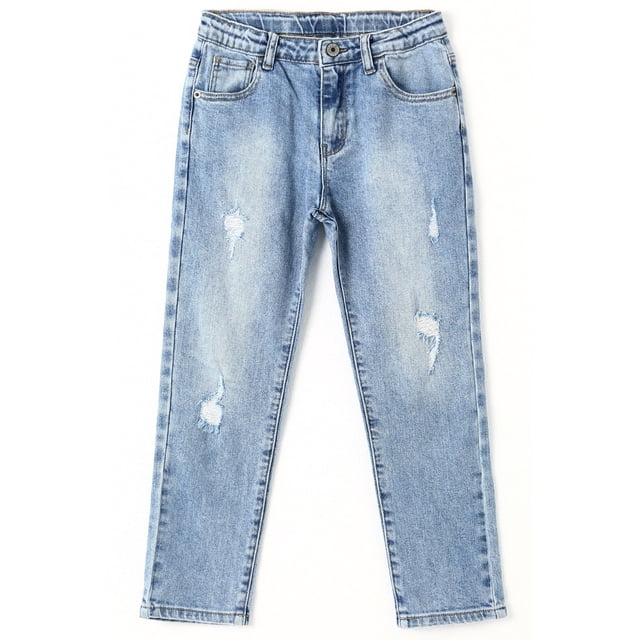 KIDSCOOL SPACE Kids Ripped Holes Fashion Elastic Band Inside Slim Jeans,Blue,11-12 Years