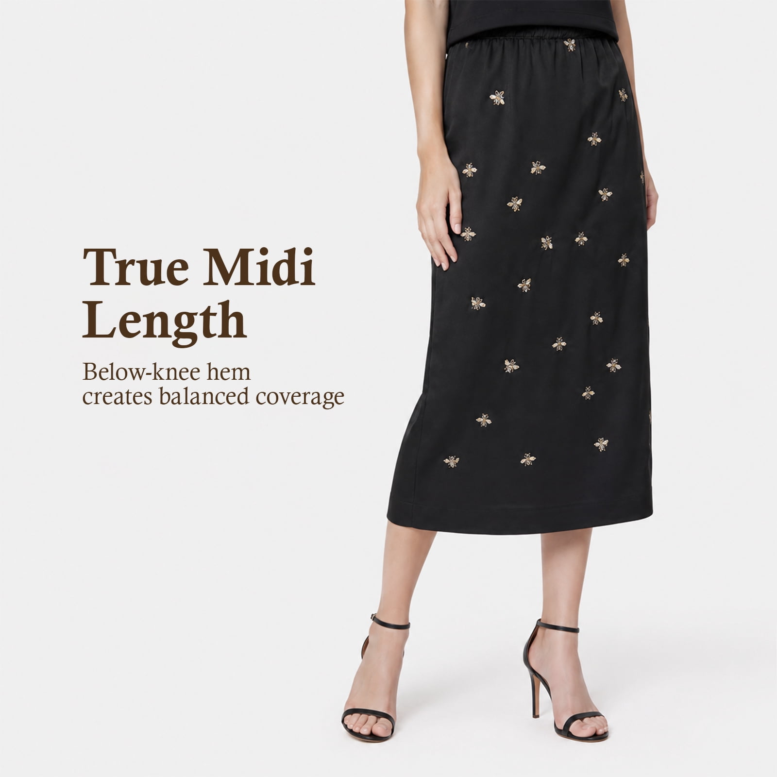 Alvantor Women's Embellished Midi Skirt, Pull-On Style with Gathered Waist and Stretch Lining, Black