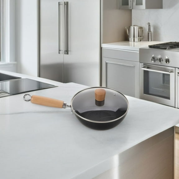 OUNONA Cast Iron Skillet with Lid Nonstick Stir Fry Pans Traditional Chinese Wok for Gas Stove Electric Stove Cooktops Wood Handle for Cooking