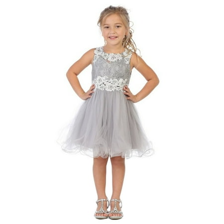 My Best Kids Girls Silver Embroidered Wire Hem Junior Bridesmaid