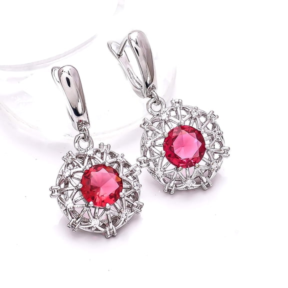 Pink Rubellite Tourmaline, CZ 925 Sterling Silver Platinum Plated Earring 1.25" E75518, Tourmaline Earring, Gift For Her, Round Earring, Pink Earring,