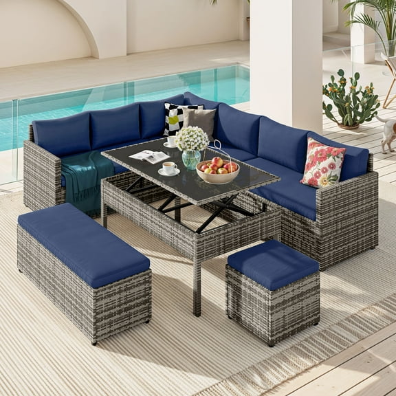 Dextrus Patio Wicker Furniture Set, 6-Piece Outdoor Sectional Sofa with Stools and Lift-Top Coffee Table, All-Weather Conversation Set for Garden, Backyard, Navy Blue
