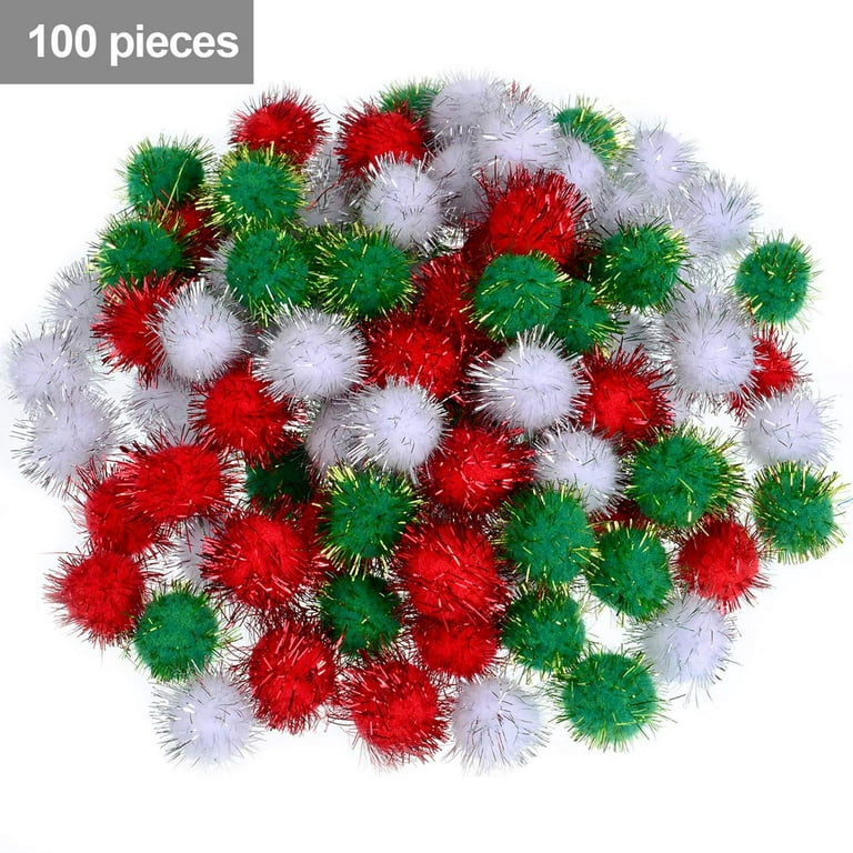 Christmas Pom Poms Glitter Small Mini Pom Poms for Arts Crafts DIY Green  White and Red Balls for Hobby Supplies Holiday Decorations (25 mm, 100