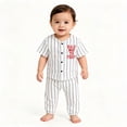 thumbnail image 5 of mgoYE 2Pcs Toddler Baby Boy Summer Baseball Outfit Set 3-6 Months Short Sleeve Baseball Button T-Shirt Top and Striped Pants Clothes White, 5 of 6