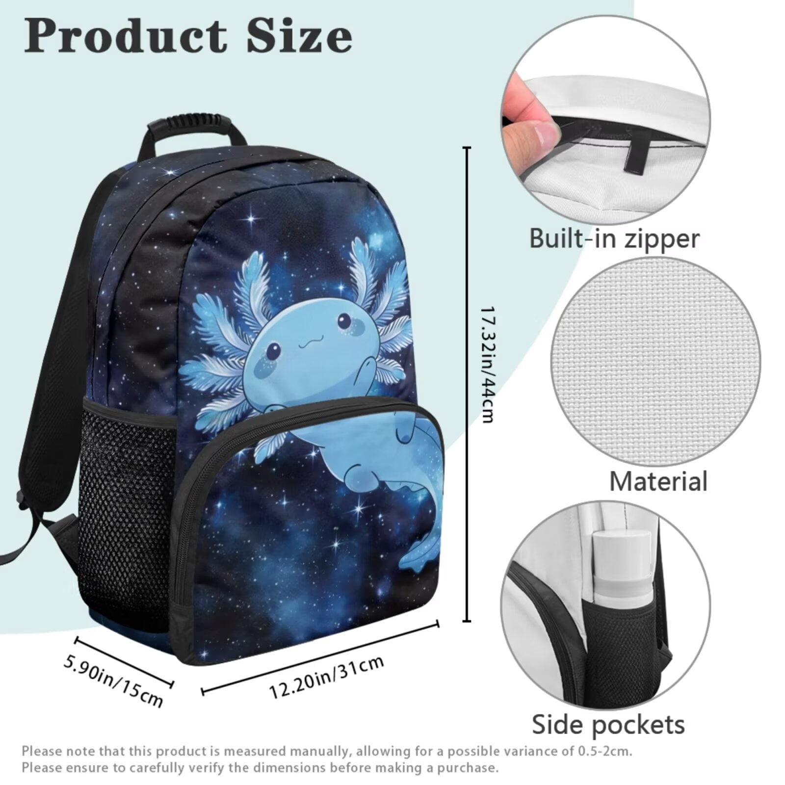 Pzuqiu Blue Galaxy Axolotl Backpack for Boys Girls Back to School Shoulder Bookbags,4 PCS Insulated Lunch Box Pencil Case 17 Inch Girls Schoolbag for Middle School Rucksack