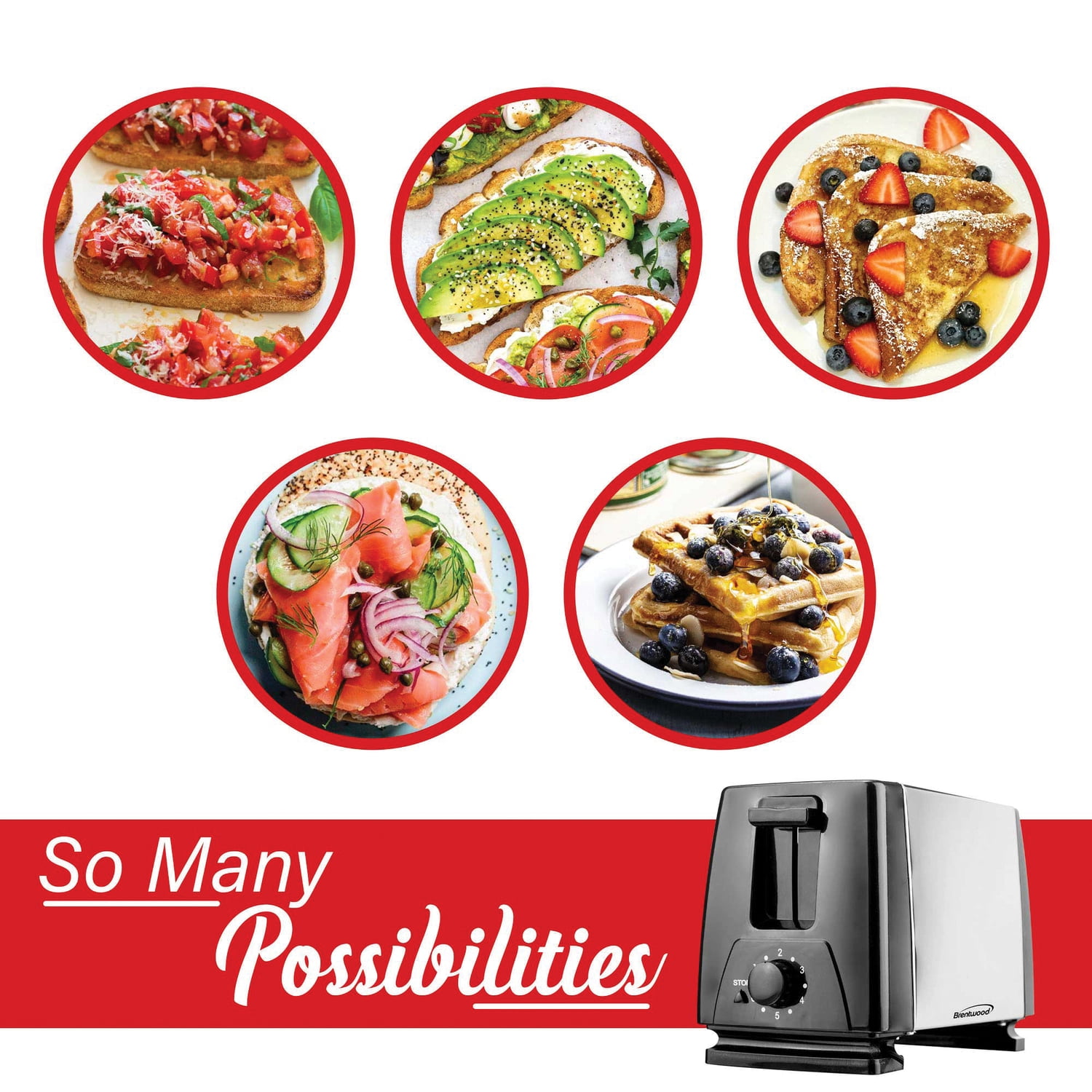 Brentwood 2-Slice Toaster, Black/Silver, Extra-Wide Slots