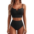 thumbnail image 2 of Women’s Two Piece V Wire Bikini Set with High Waist Bottoms and Adjustable Spaghetti Straps for Beach or Poolwear Black L, 2 of 5
