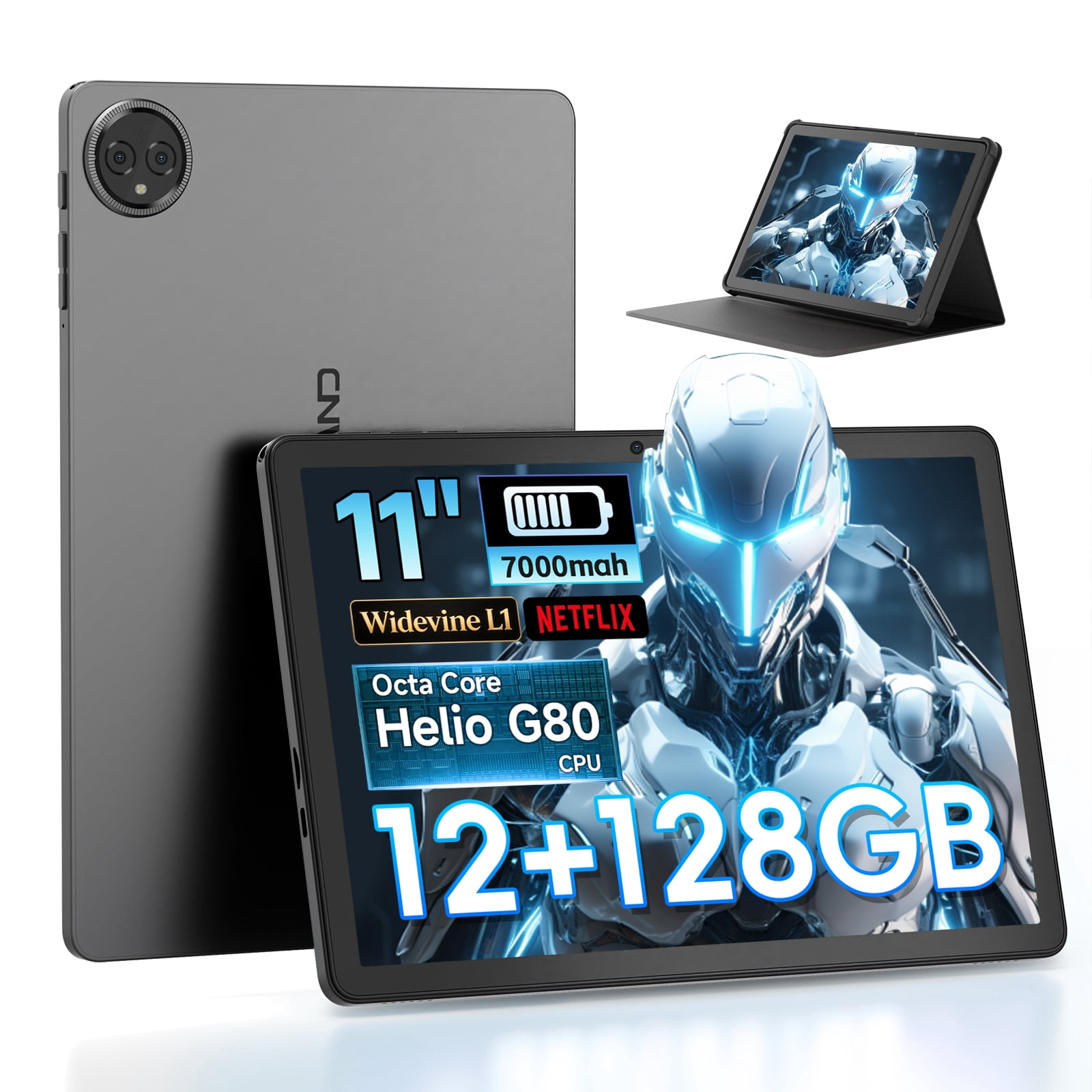 11" Android Tablet, MTK Helio G80 Octa-Core 12GB Ram 128GB Rom Tablet Computer, 7500mAh Battery, Dual Camera, Widevine L1, Gray Student Android Tablet