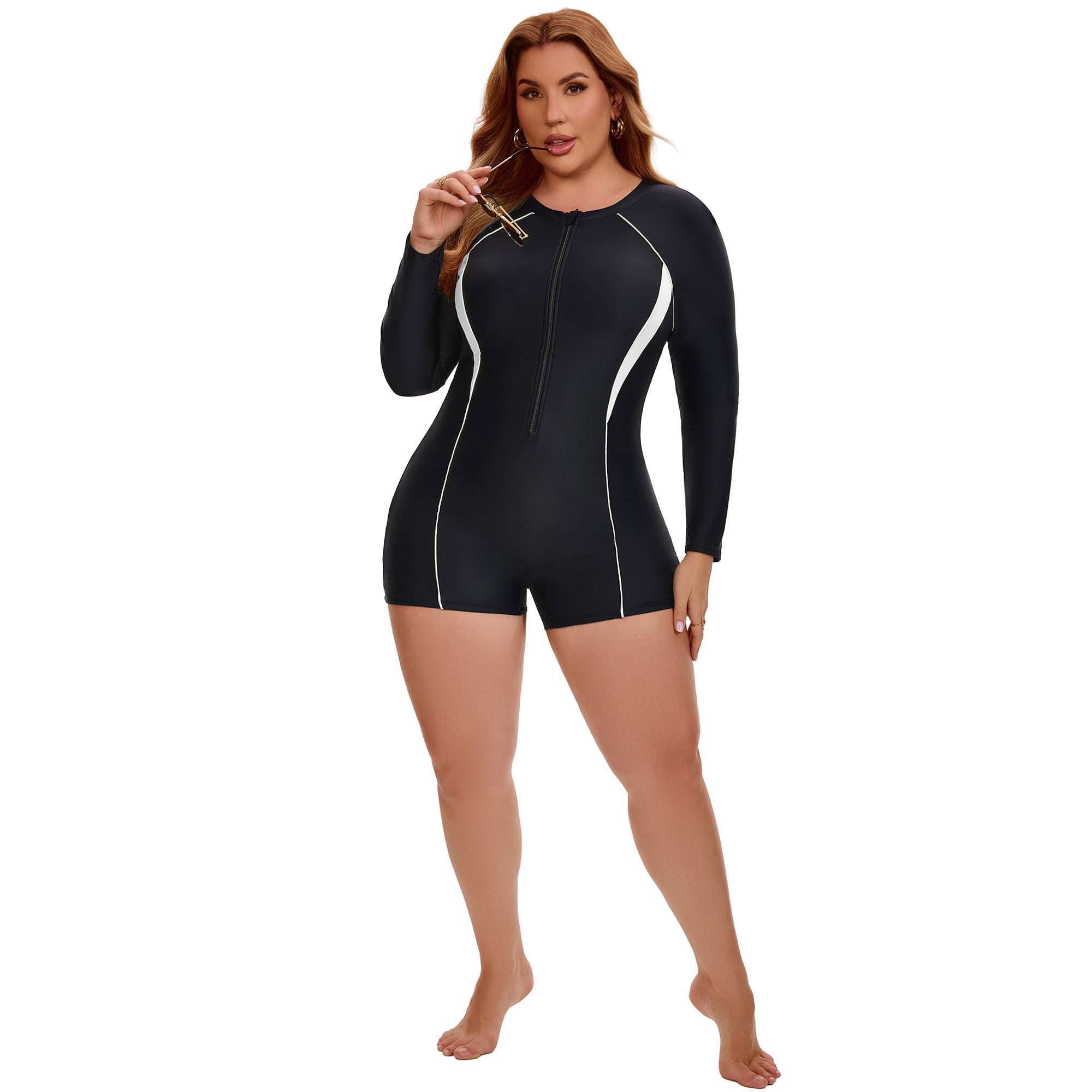 DARING DIVA Women's Plus Long Sleeve Surfing Bathing 1 Suit 1X Black White