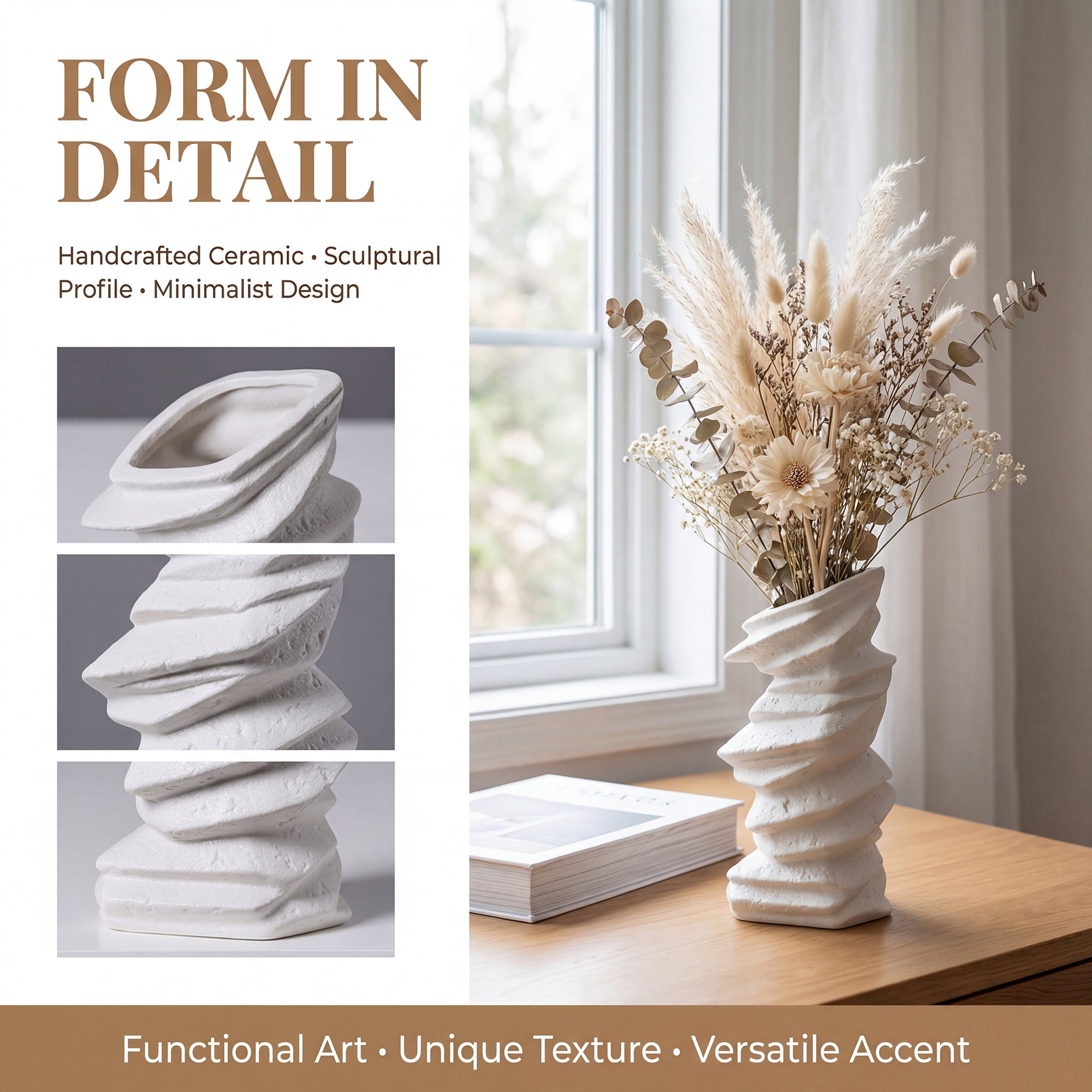 Unique Bargains Modern Ceramic Vase for Home Decor Matte Ribbed Flower Vase White 4.6