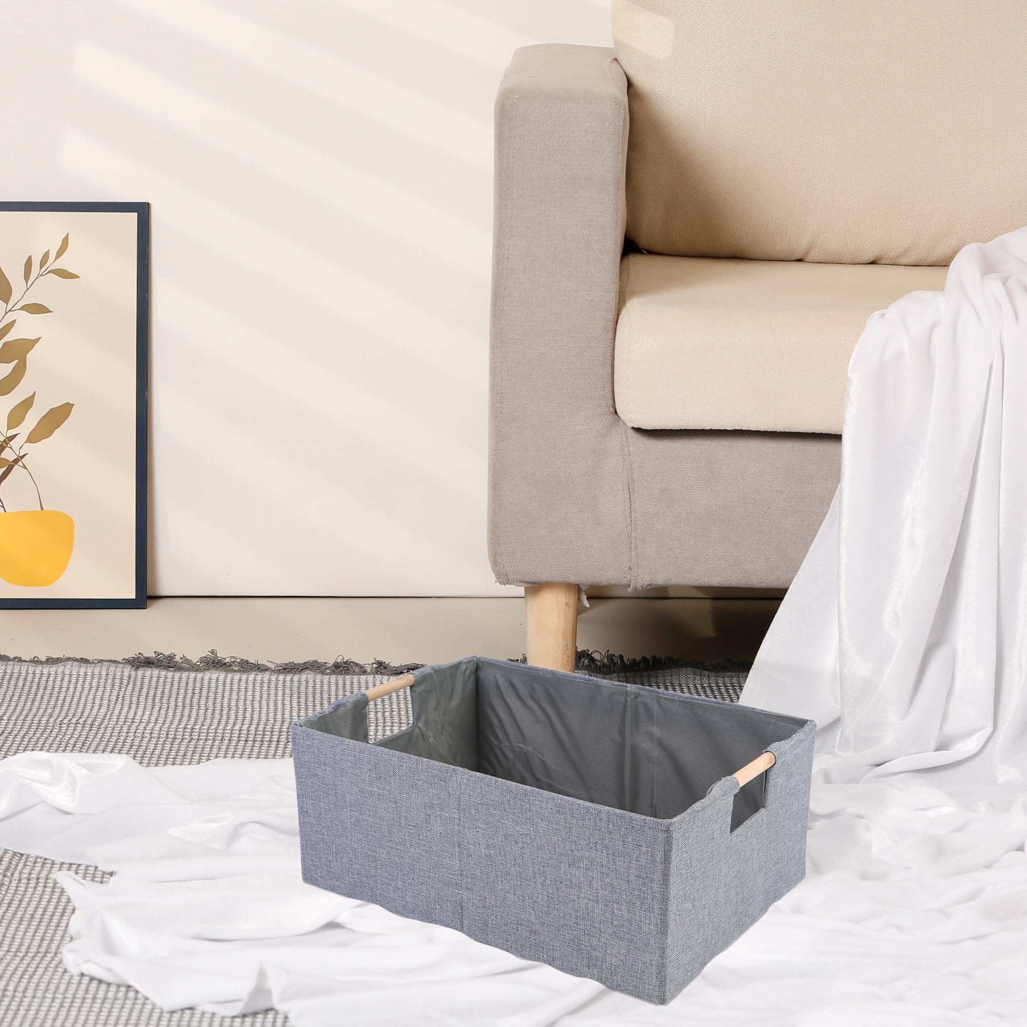 Unique Bargains Foldable Storage Basket with Wood Handles Gray 13.4*9.1*5.9