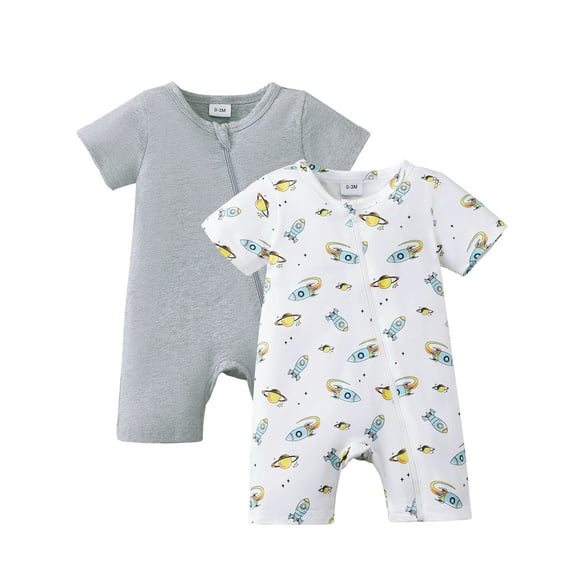 Kucnuzki Infant Baby Boys Summer Bodysuits 12-18 Months Short Sleeves Zipper Rompers Rockets Print and Solid Color One-piece Overalls 2pcs Clothing White