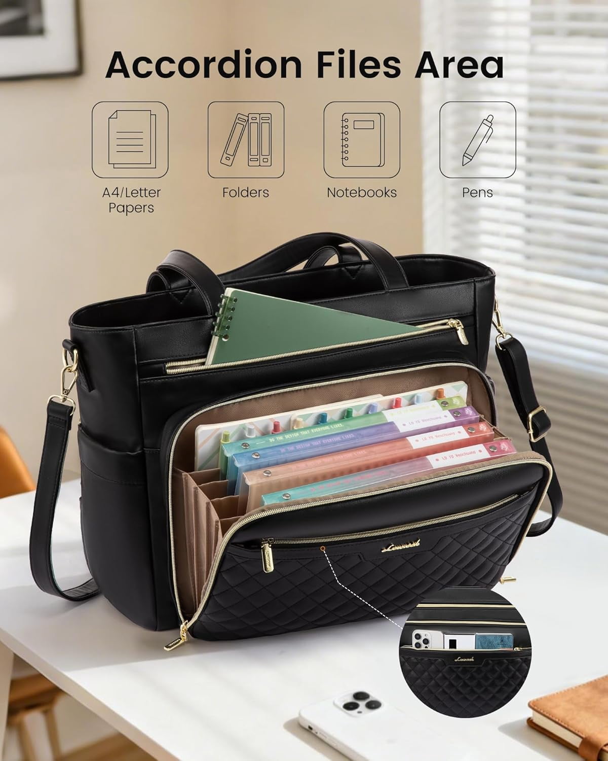 LOVEVOOK Teacher Tote Bag with Accordion File Pocket, Soft PU Leather Work Briefcase Quilted Laptop Bag with Large Cup Holder