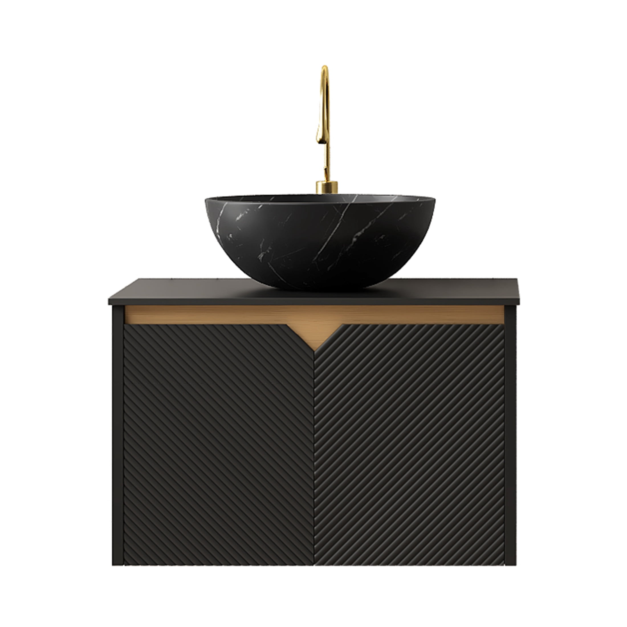 Noble House RUBEN 24" Floating Bathroom Vanity, Sintered Stone Top Cabinet with Black Bowl Ceramic Vessel Sink, Black