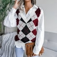 thumbnail image 5 of Women's Color Block Checkered Sleeveless Ribbed Knit Sweater Vest Casual Solid Color Loose Fit V-Neck Vest, 5 of 5