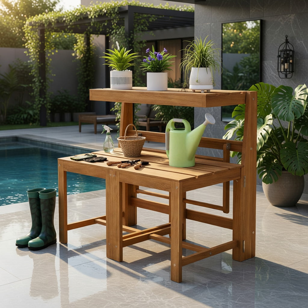Hommoo 3-in-1 Outdoor Acacia Wood Loveseat Bench, Convertible Table & Chairs Set or Plant Stand, Wooden Garden Seating for Patio, Deck, Backyard, Natural