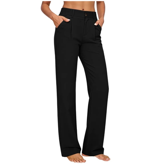 ctdiral Womens High Waist Straight Trousers Elastic Waist Long Pants with Pockets Solid Color Dress Pants Business Office Work Pants Black M