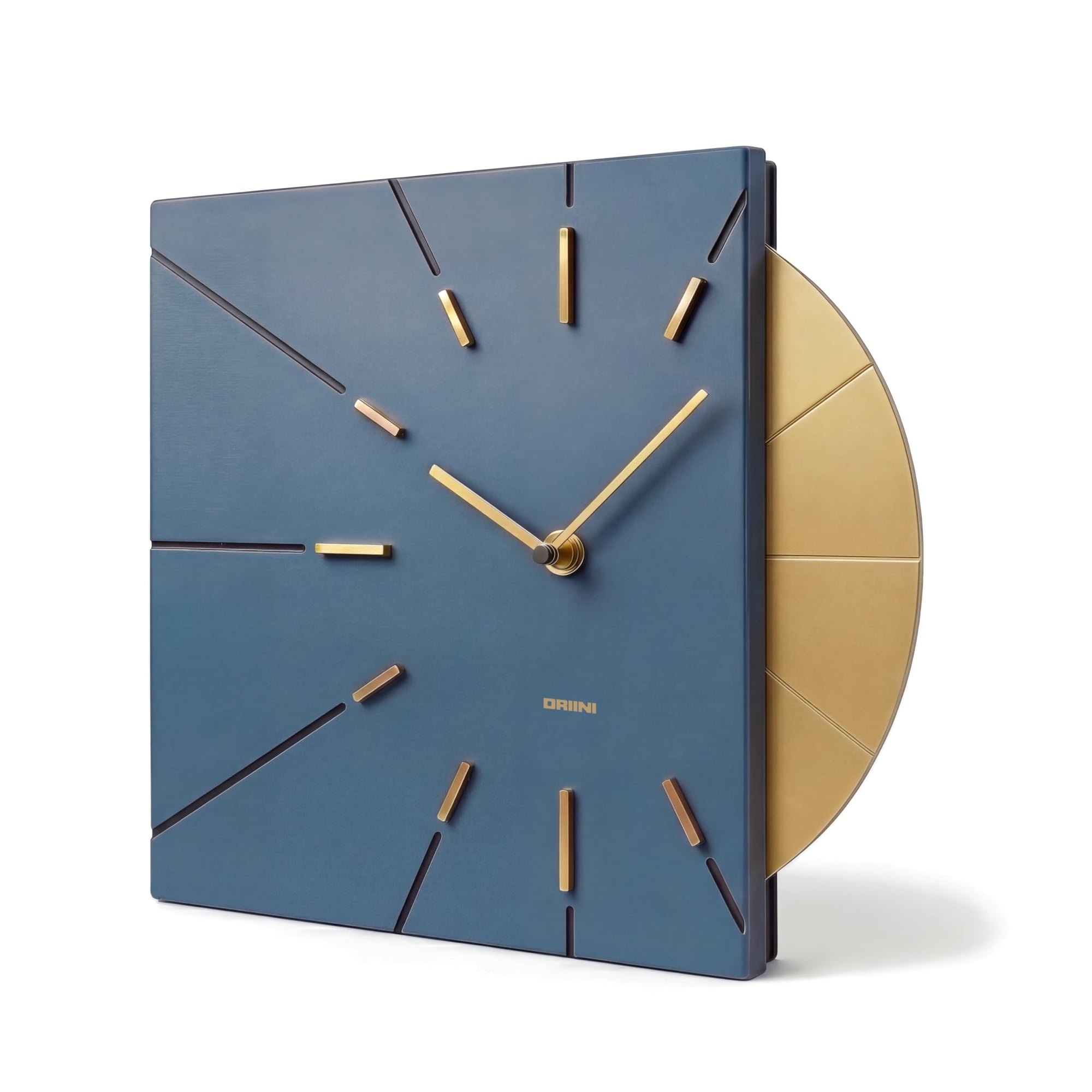 Driini 12-inch Blue and Gold Mid Century Modern Square Wall Clock, Silent Non-Ticking