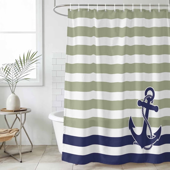 Striped Anchor Waterproof Fabric Shower Curtain,Navy Blue Nautical Sage Green Geometric Waterproof Fabric Shower Curtain for Bathroom Curtains Bathtubs Shower Curtains with 12 Hooks Long 72x78in
