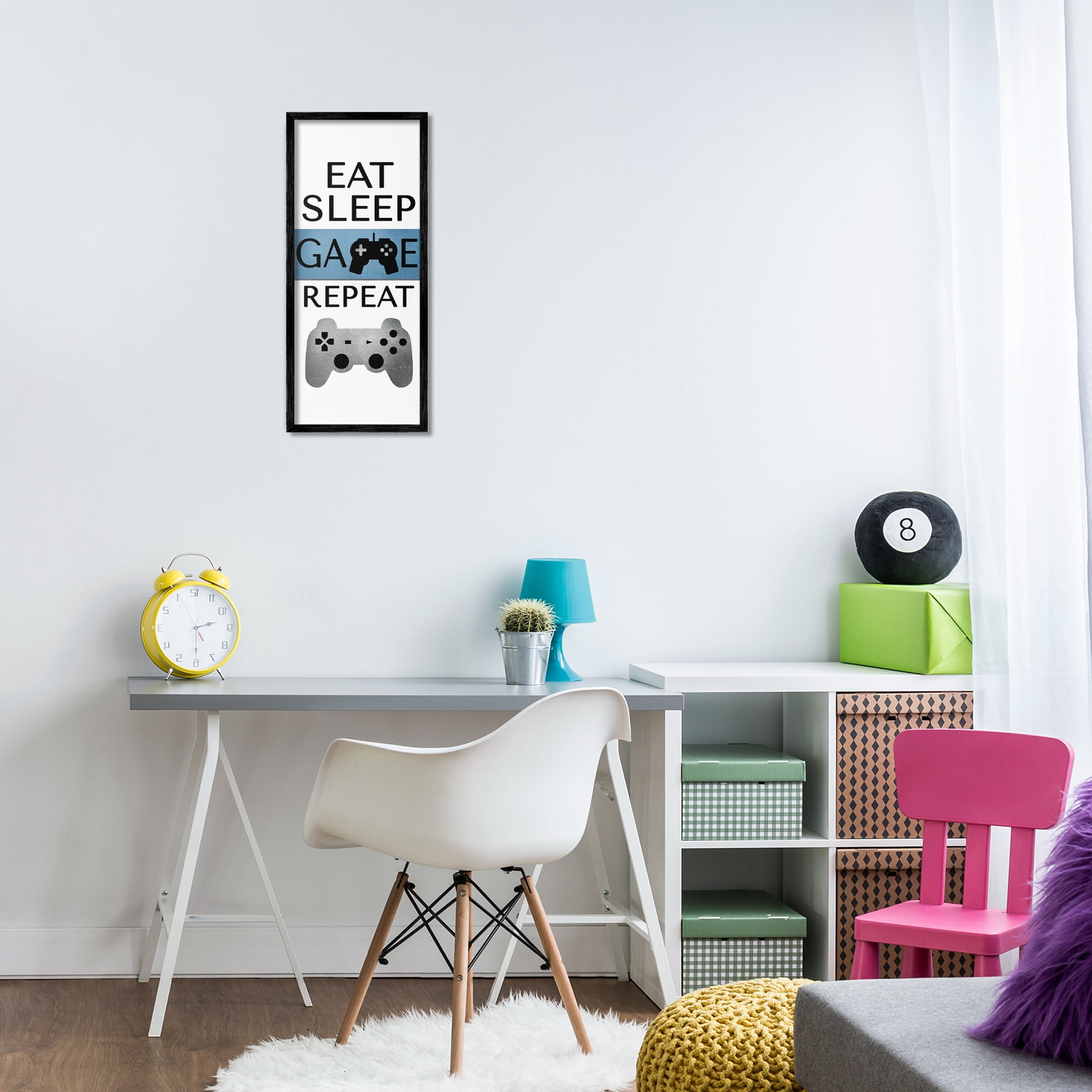 Stupell Industries Game Repeat Lifestyle Typography Painting Black Framed Art Print Wall Art, 10 x 24