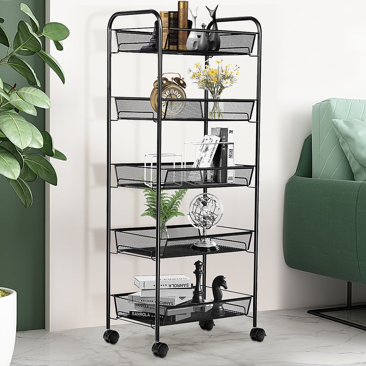 5-Tier Mesh Wire Rolling Cart Multifunction Utility Cart Kitchen