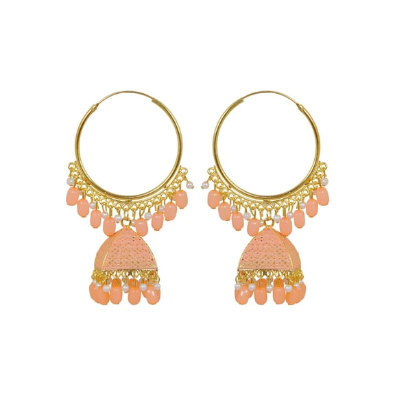 Crunchy Fashion Bollywood Jewellery Traditional Ethnic Bridal Bride Wedding Bridesmaid Ethnic Gold Plated Peach Beads & Pearl Large Bali Hoop Jhumka/Jhumka Earrings