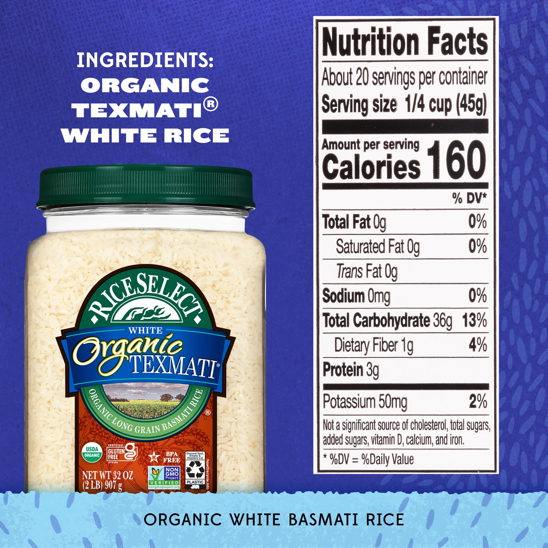 (3 pack) RiceSelect Organic Texmati White Rice, American-Style Basmati Rice, 2 lb Jar