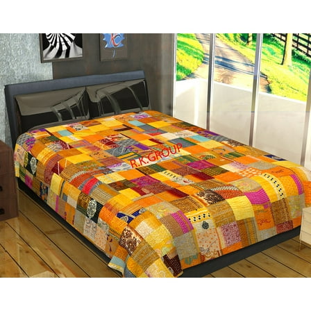 Indian Silk Twin Yellow Patola Sari Patchwork Kantha Bedspread Bed Cover BohemianThrows Quilted Reversible Blanket