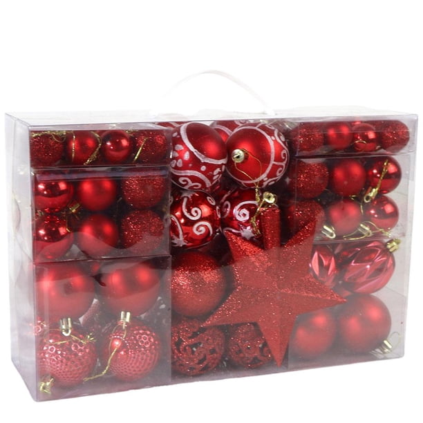 100 mini bolas decorativas para árbol de Navidad de varios tamaños, de plástico irrompible. Rojo