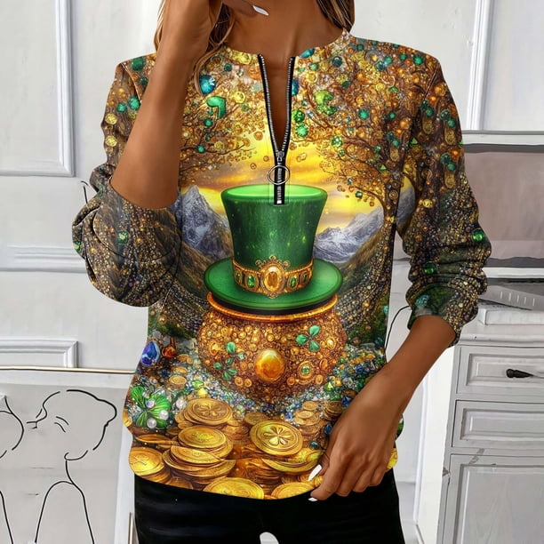 TaTaai Ladies St. Patrick's Day Fashion Print Loose Round Neck Sweatshirt Long Sleeve Casual Top Soft Comfortable for Daily Home Office Streetwear Gift