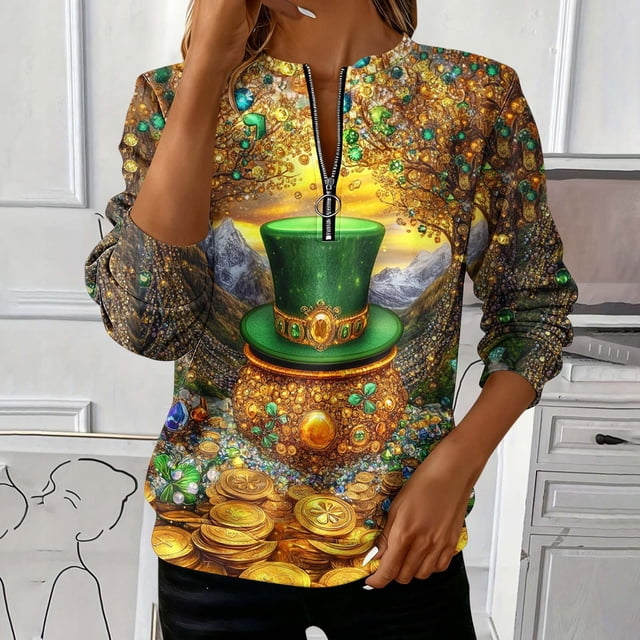 TaTaai Ladies St. Patrick's Day Fashion Print Loose Round Neck Sweatshirt Long Sleeve Casual Top Soft Comfortable for Daily Home Office Streetwear Gift