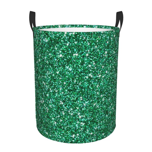 Balery Green Glitter Cesta de ropa redonda con asas, impermeable, independiente, para ropa, juguetes, dormitorio y familia-Small