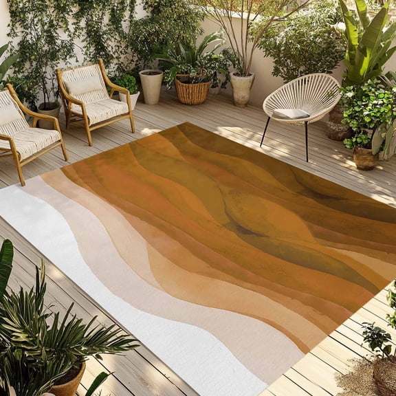 Fsddascl Burnt Orange Waves Outdoor Rug for Patio/Deck/Porch, Non-Slip Large Area Rug 4 x 6 Ft, Ombre Coastal Ocean Water Abstract Indoor Outdoor Rugs Washable Area Rugs, Camping Rug Carpet