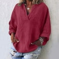 thumbnail image 2 of Womens 100% Cotton Linen Tunic Long Sleeve V Neck Gauze Shirt Casual Work Lounge Blouse Tops Wine L, 2 of 6