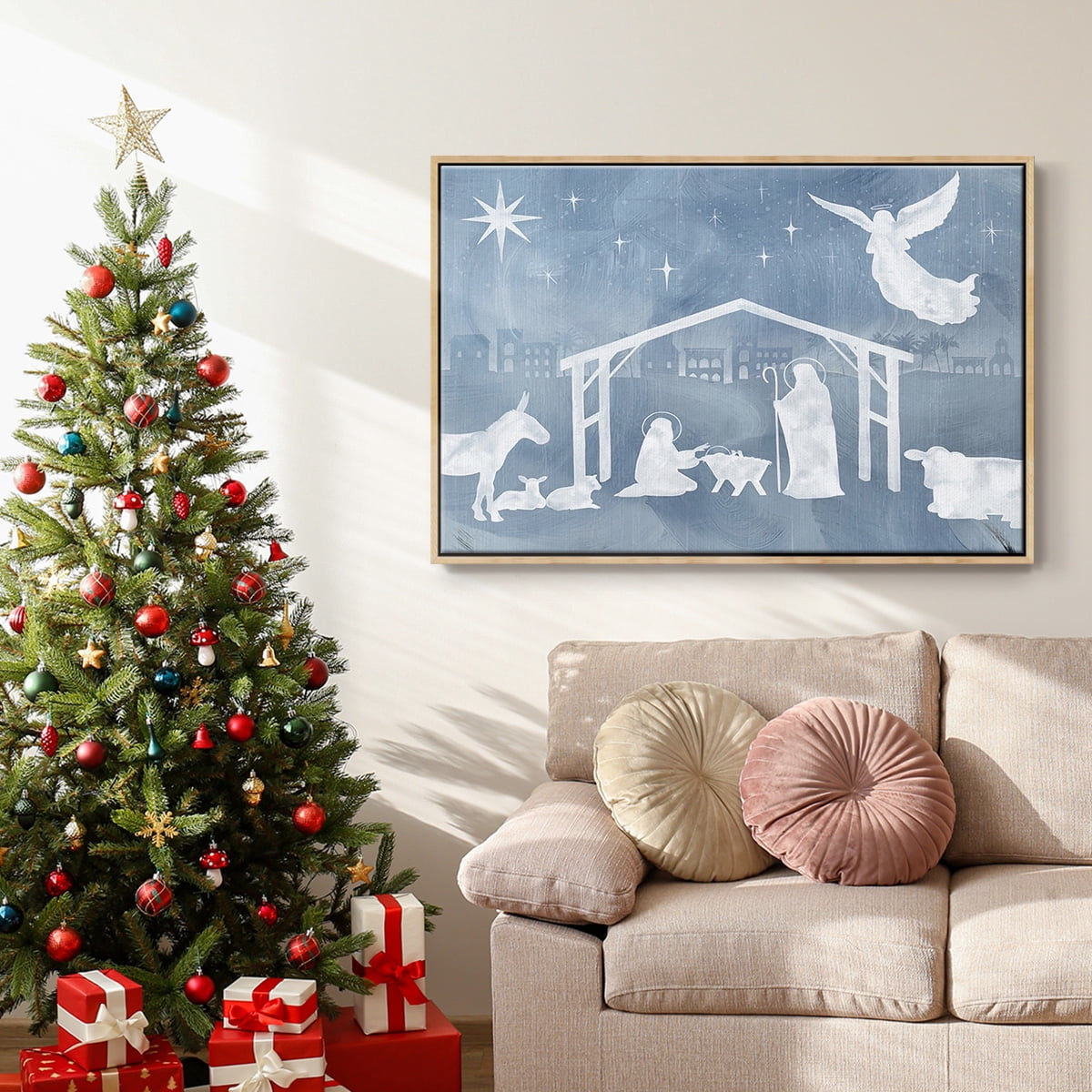 Star of Bethlehem Collection A - Framed Gallery Wrapped Holiday Canvas - 17 x 25 - Natural Wood Frame