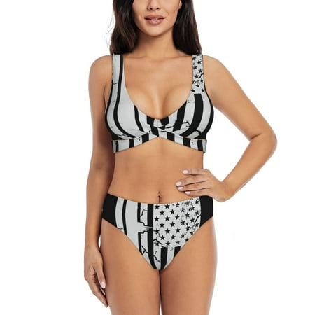 Zeuib Submarine Vintage Flag High Waisted Tummy Control Bikini Set - Knot Front Push Up Top & Cheeky Thong Bottom  Two-Piece Swimsuit for Women-Small