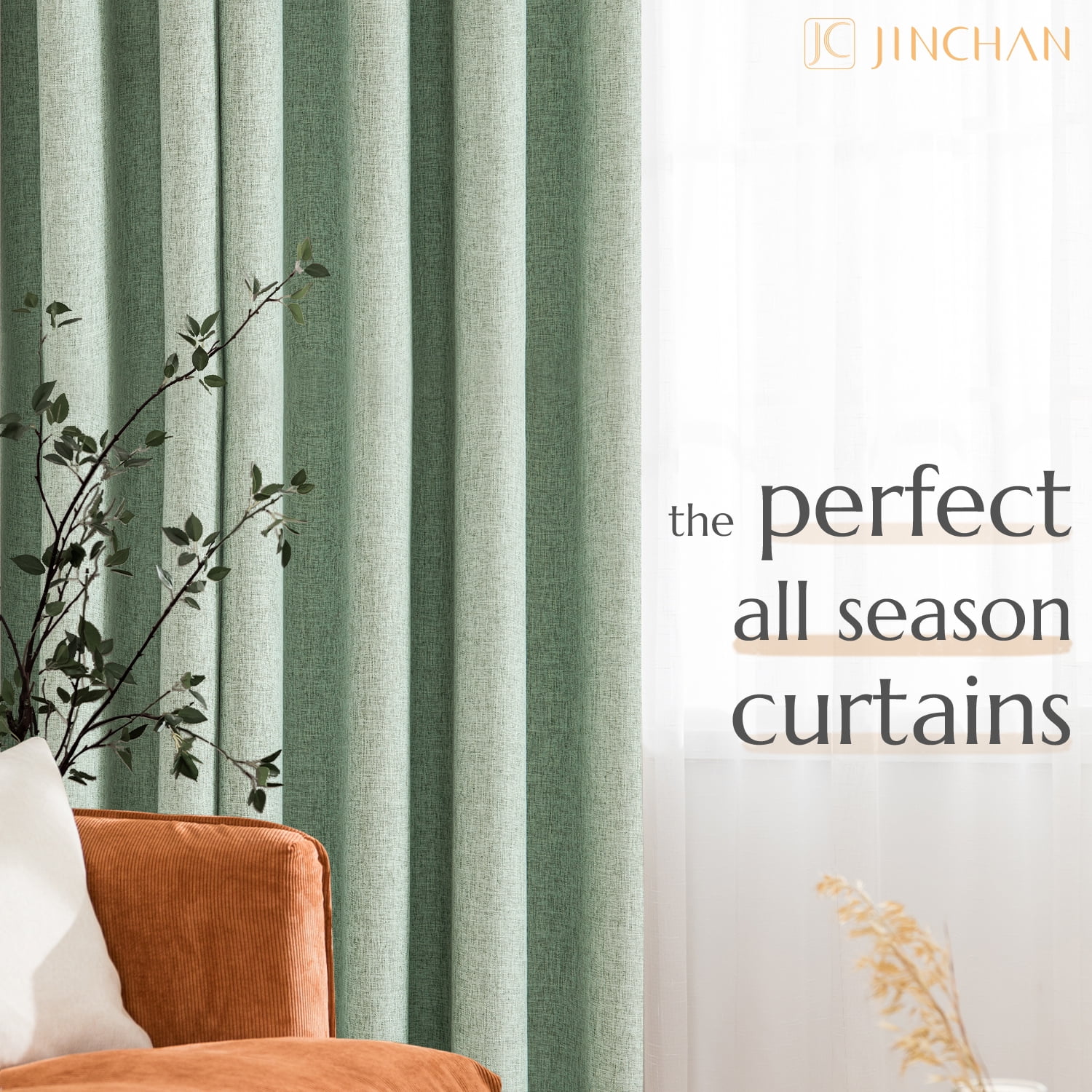 Curtainking Room Darkening Curtains for Bedroom, 63 Inch Length Linen Textured Drapes for Living Room, Thermal Insulated Light Blocking Curtains, Grommet Top Window Treatments 2 Panels, Green