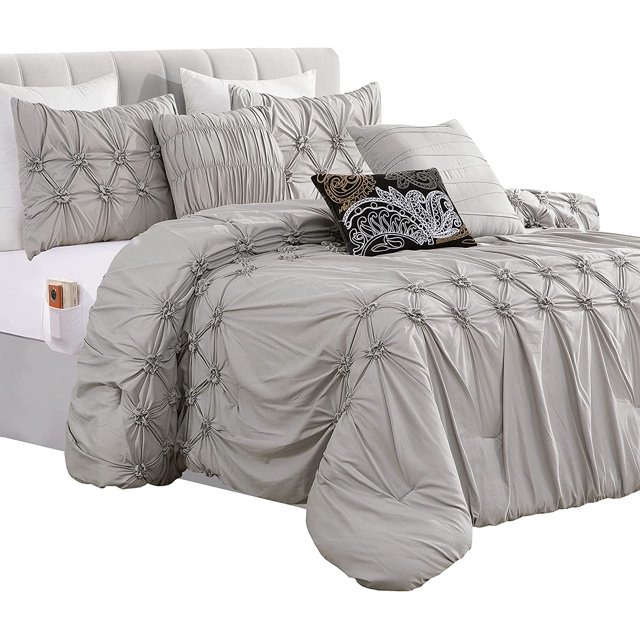 Mocassi 12-Piece Comforter Set, Ella Bedding Collection includes 6-Piece Smart Sheet Set, Matching Shams & Decorative Pillows, Full/Queen, Silver Gray