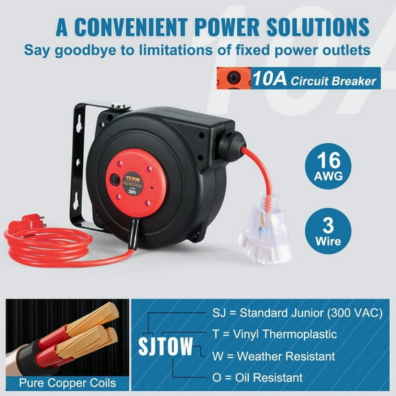 30FT Retractable Power Cord Reel 16AWG 3C SJTOW Extension Cord with Automatic Rewinding for Home & Workshop Use