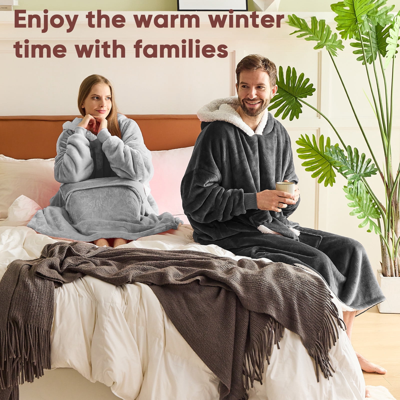 PMONPA Wearable Blanket Hoodie, Flannel Sherpa Fleece, Warm and Cozy Giant Sweatshirt for Adult, Woman and Man, One Size Fits All (Light Gray)