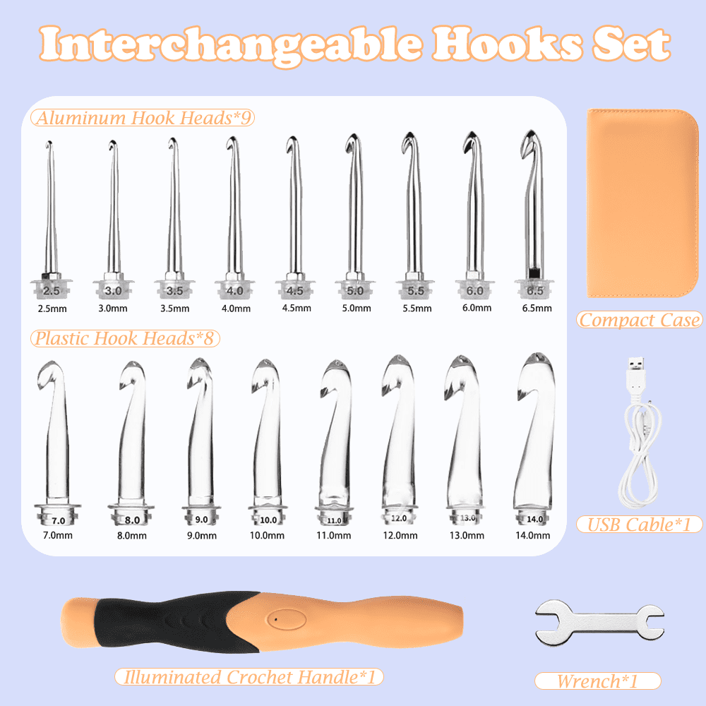 Yarniss 17 Size Lighted Crochet Hooks Set 2.5 mm to 14.0 mm, Plastic&Metal Rechargeable Light Up Crochet Hooks with Case