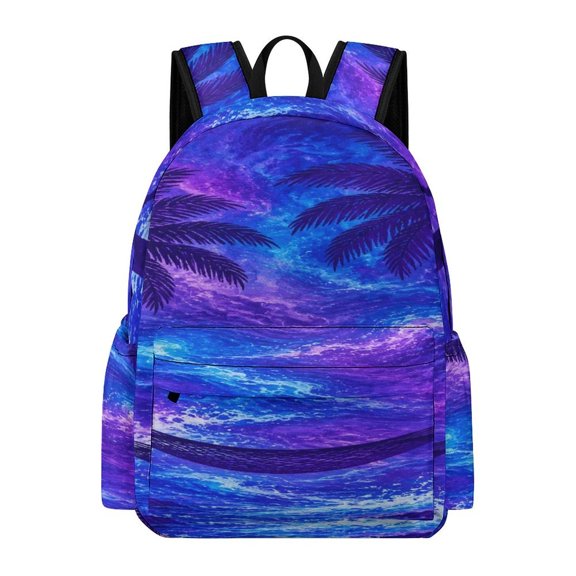 BCIIG Neon Purple Blue Ocean Waves Palm Tree Hammock Silhouette Seamless Pattern Printed Oxford Backpack, Large Capacity Laptop Backpack, Water Resistant, Travel Daypack for College Work Commuting A