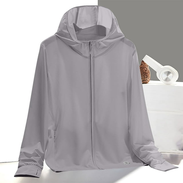 WRKEKC Summer Reflective UPF 50+ Hooded Jacket Lightweight Breathable Solid Color Night Running Essential for Women Gray M